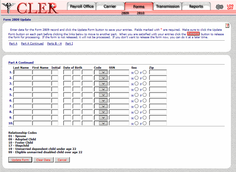 Form 2809 Update Part A Continued Page