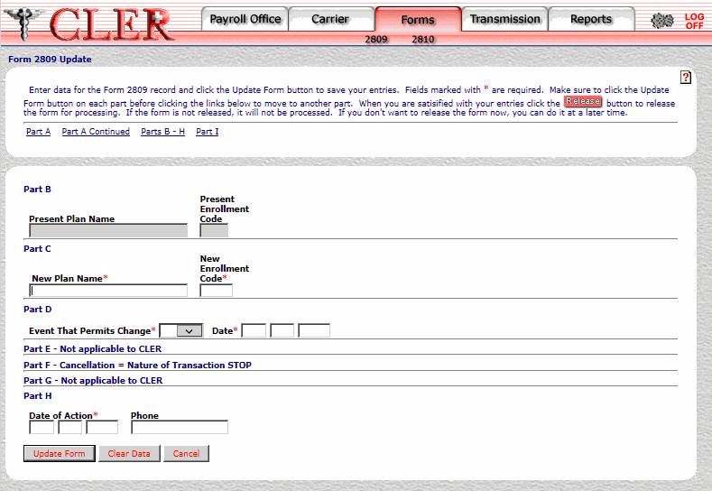 Form 2809 Update Parts B-H Page