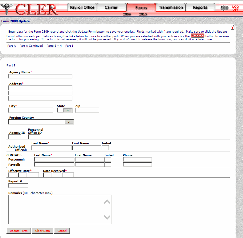 Form 2809 Update Part I Page