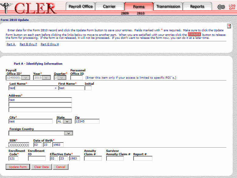 Form 2810 Update Part A Page