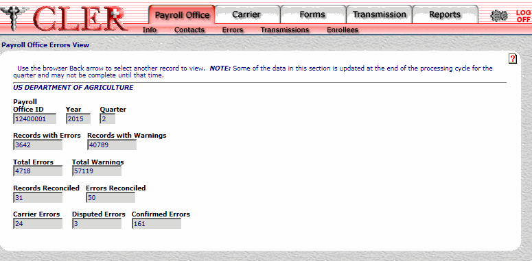 Payroll Office Errors View Page