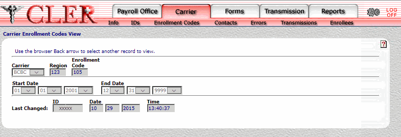 Carrier Enrollment Codes View Page