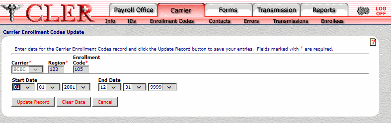 Carrier Enrollment Codes Update Page