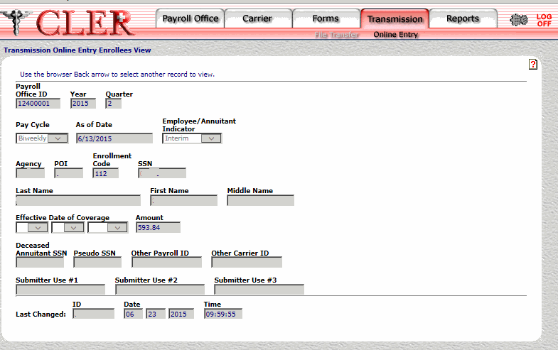 Transmission Online Entry Enrollees View Page