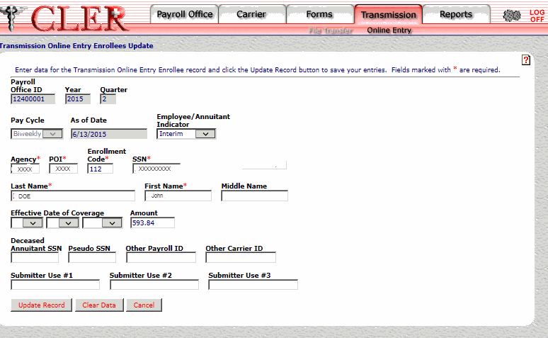 Transmission Online Entry Update Page