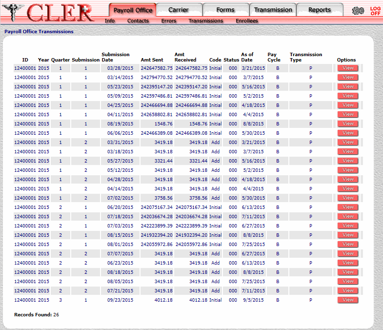 Payroll Office Transmissions Search Results Page