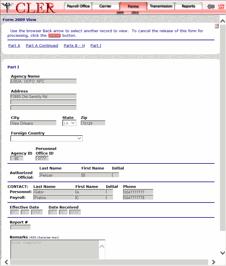 Form 2809 View Page Part I