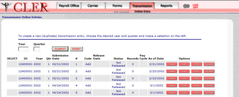 Transmissions Online Entry View Page