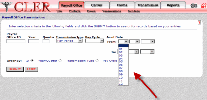 Payroll Office Transmissions Drop-down Menu