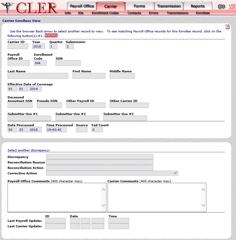 Carrier Enrollee View Matching Payroll Office