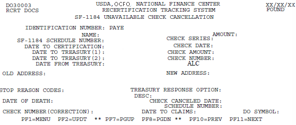 SF-1184 Unavailable Check Cancellation Screen