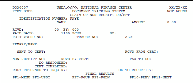 Claim of Non-Receipt DD EFT Screen