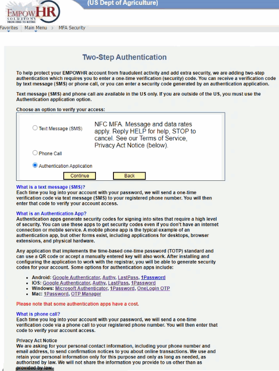 Two-Step Authentication Page (Authentication Application Option) - MFA Security