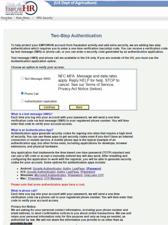 Two-Step Authentication Page (Phone Call Option) - MFA Security