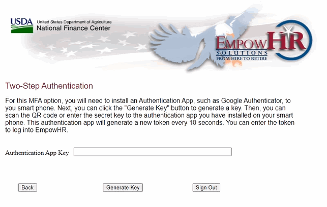 Two-Step Authentication Page (Authentication Application Option - Authentication App Key Field) - MFA Securi