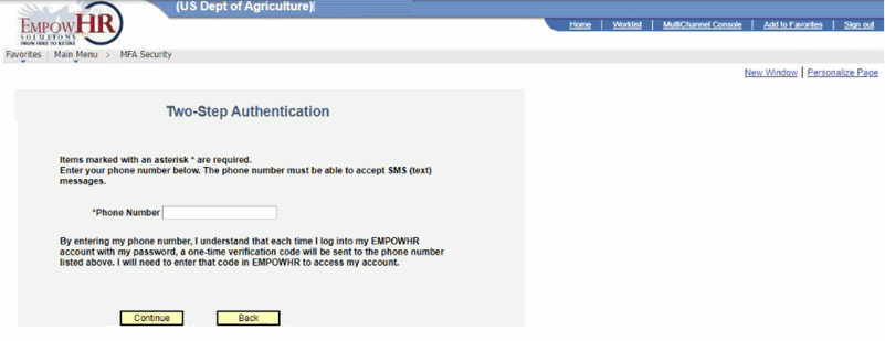 Two-Step Authentication Page - Phone Number field (Text Message option) - MFA Security