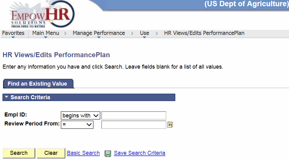 HR Views/Edits Performance Plan Page - Find an Existing Value Tab