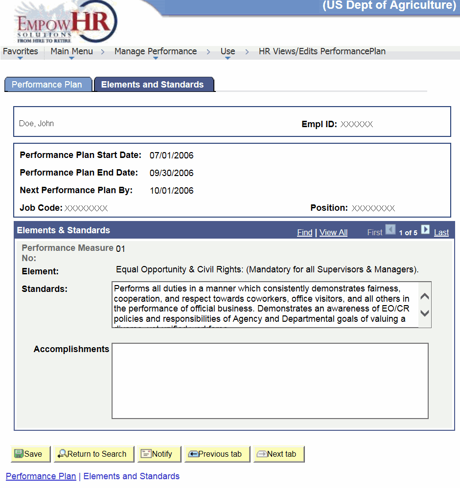 HR Views/Edits Performance Plan Page - Elements and Standards Tab