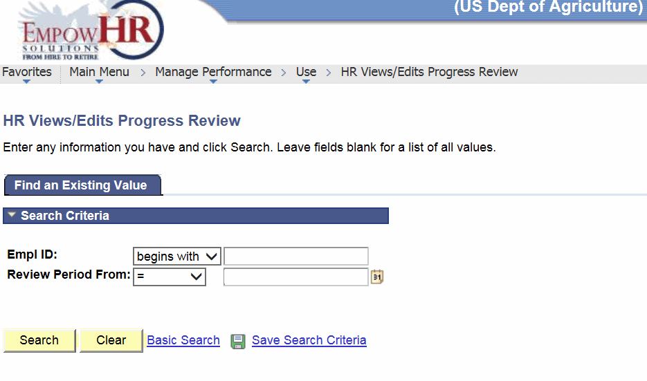 HR Views/Edits Progress Review Page - Find an Existing Value Tab