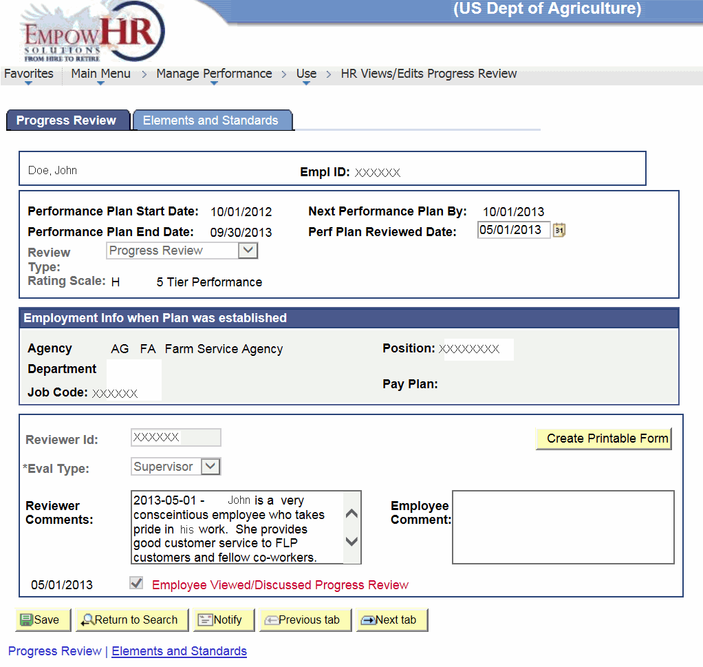 HR Views/Edits Progress Review Page - Progress Review Tab