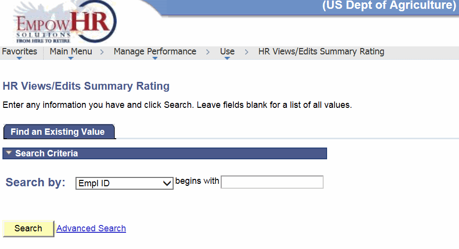 HR Views/Edits Summary Rating Page - Find an Existing Value Tab