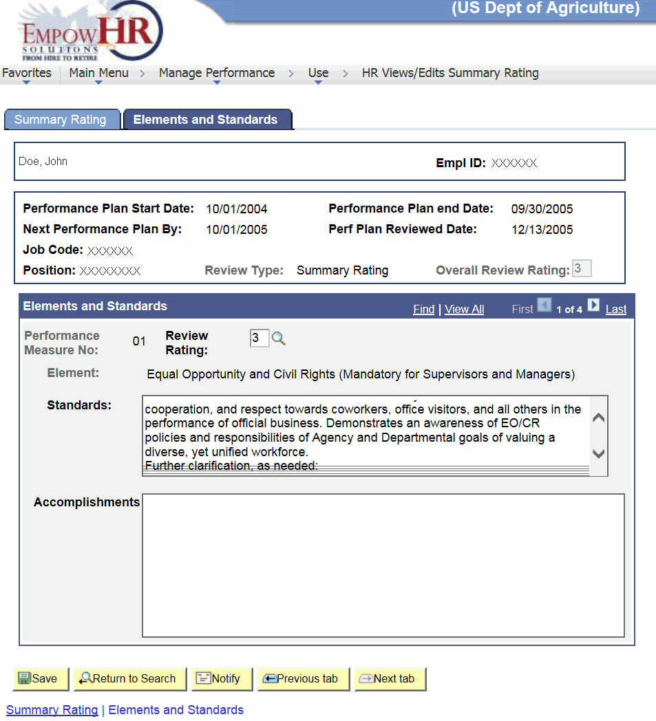 HR Views/Edits Summary Rating Page - Elements and Standards Tab