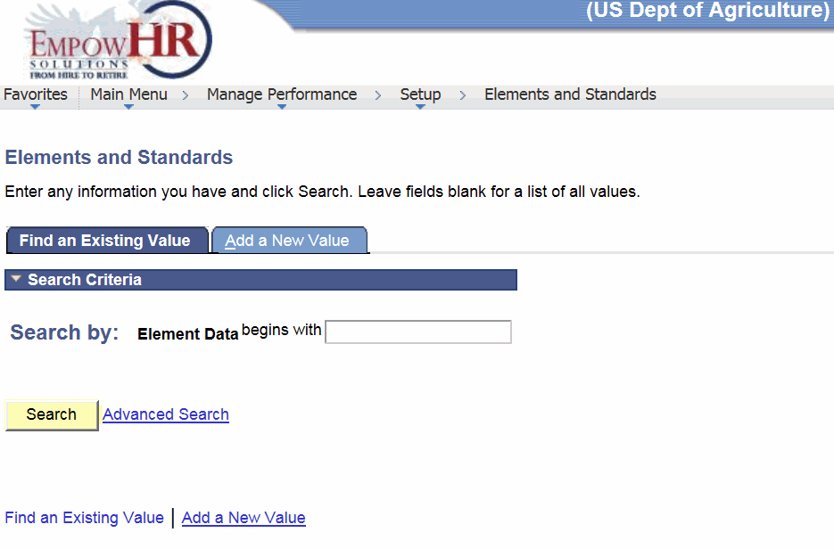 Elements and Standards Page - Find an Existing Value Tab