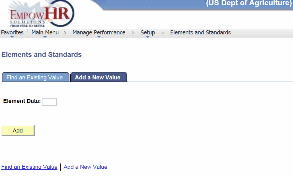 Elements and Standards Page - Add a New Value Tab