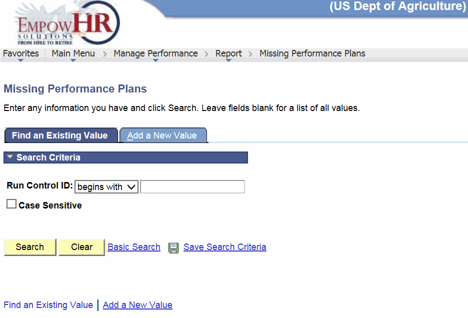 Missing Performance Plans Page - Find an Existing Value Tab
