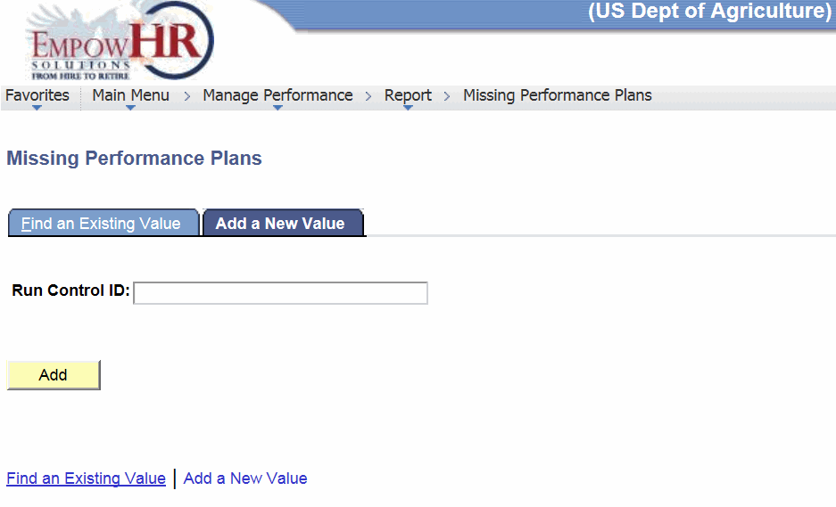 Missing Performance Plans Page - Add a New Value Tab