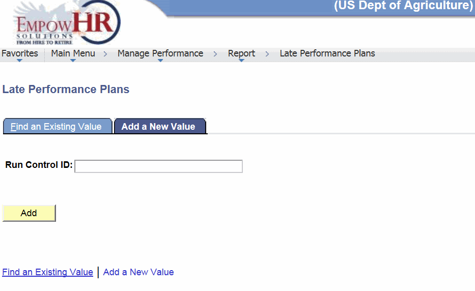 Late Performance Plans Page - Add a New Value Tab