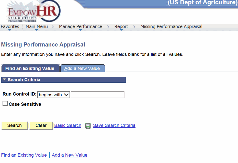 Missing Performance Appraisal Page - Find an Existing Value Tab