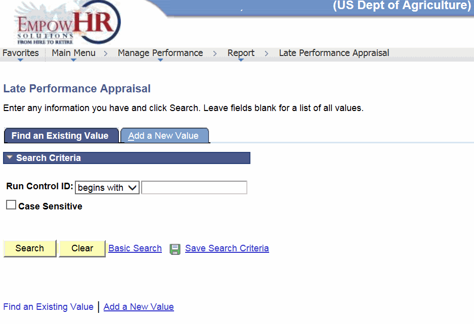 Late Performance Appraisal Page - Find an Existing Value Tab