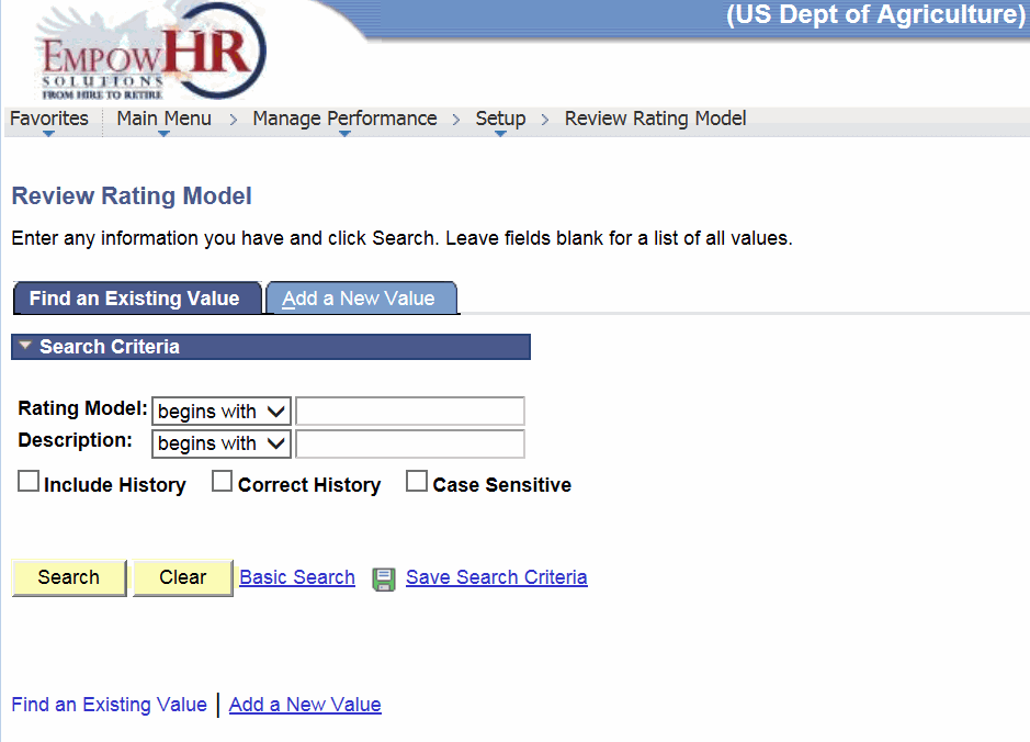 Review Rating Model Page - Find an Existing Value Tab