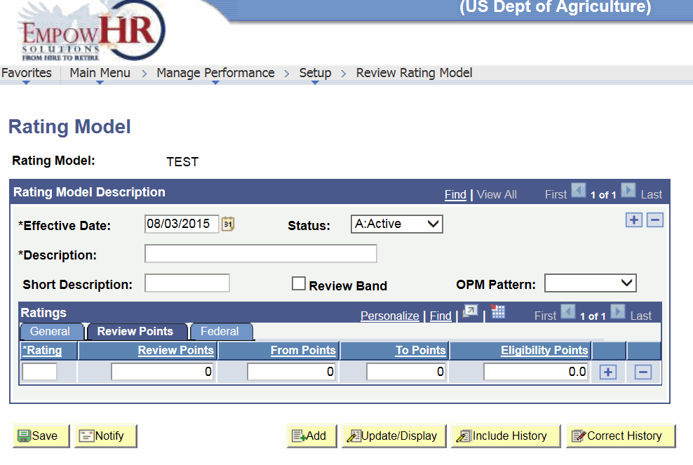 Rating Model Page - Review Points Tab