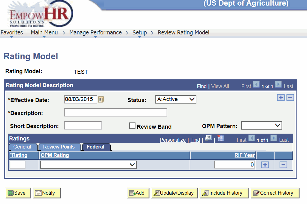 Rating Model Page - Federal Tab