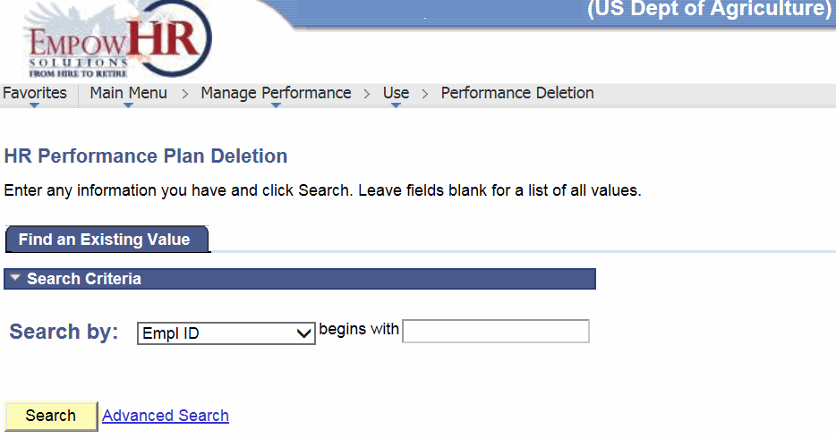 HR Performance Plan Deletion Page - Find an Existing Value Tab