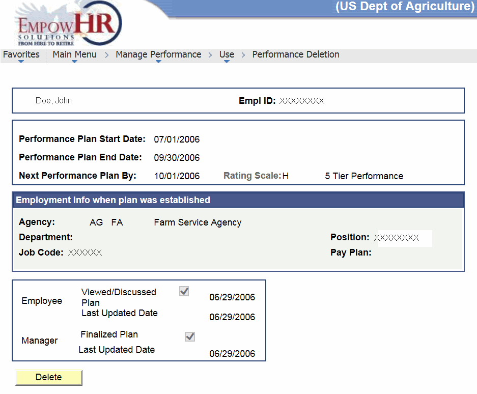 Performance Deletion Page