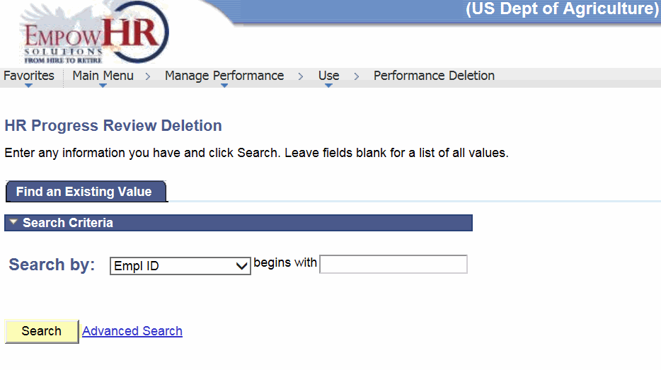 HR Progress Review Deletion Page - Find an Existing Value Tab