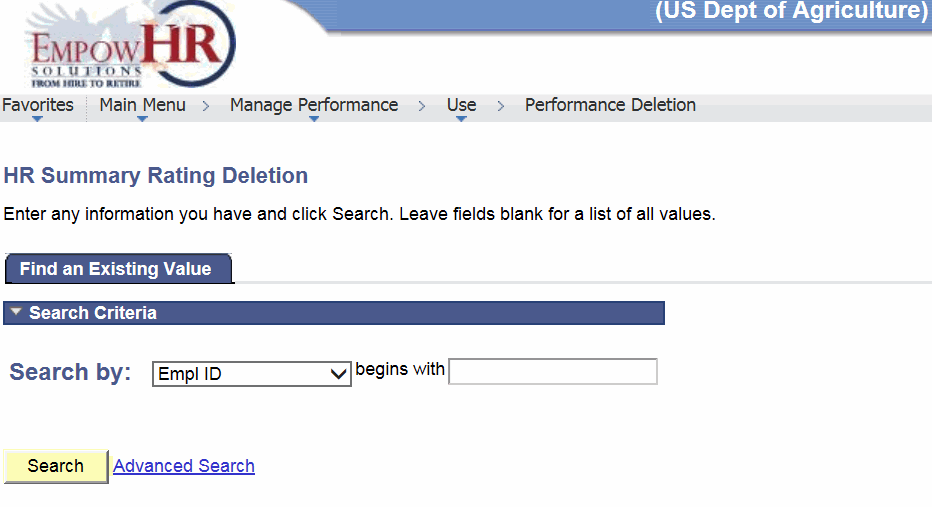 HR Summary Rating Deletion Page - Find an Existing Value Tab