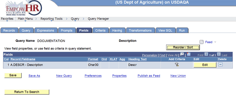 Query Manager Page - Fields Tab