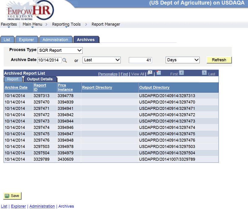 Report Manager Page - Archives Tab - Output Details Tab