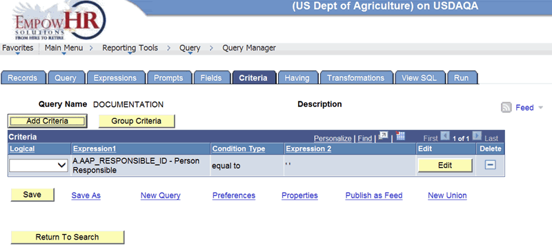 Query Manager Page - Criteria Tab