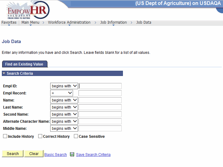 Job Data Page - Find an Existing Value Tab