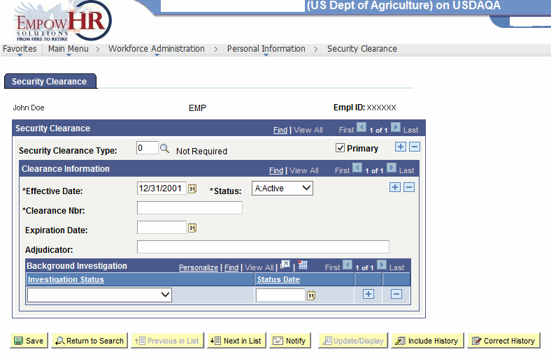 Security Clearance Tab Page