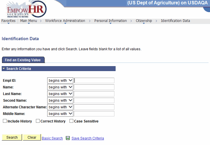 Identification Page - Find an Existing Value Tab