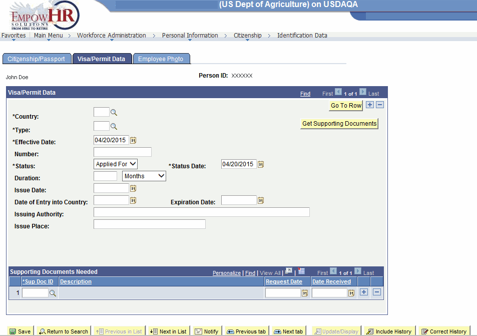 Identification Page - Visa Permit Data Tab