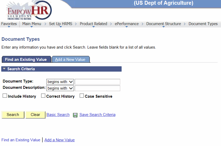 Document Types Page - Find an Existing Value Tab