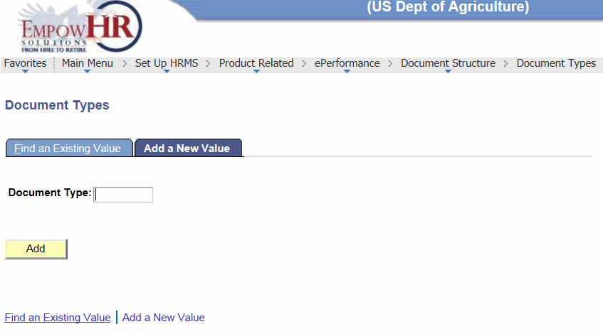 Document Types Page - Add a New Value Tab