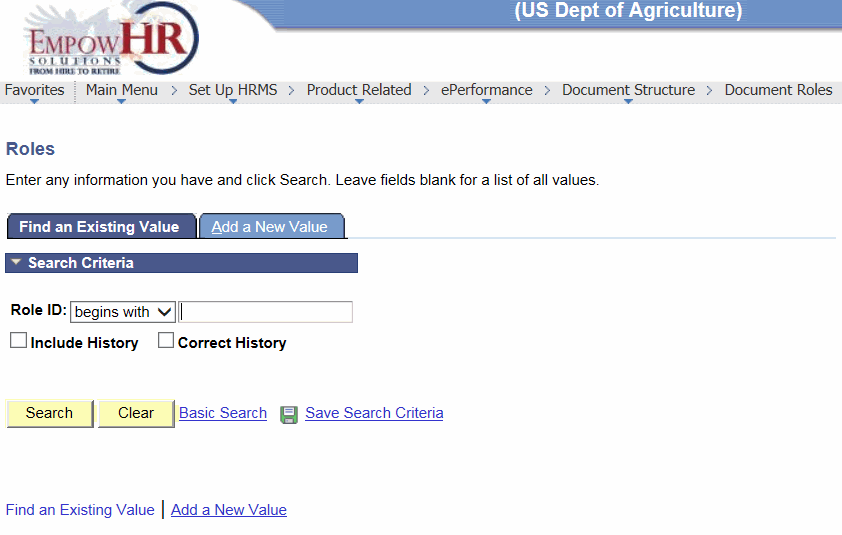 Roles Page - Find an Existing Value Tab